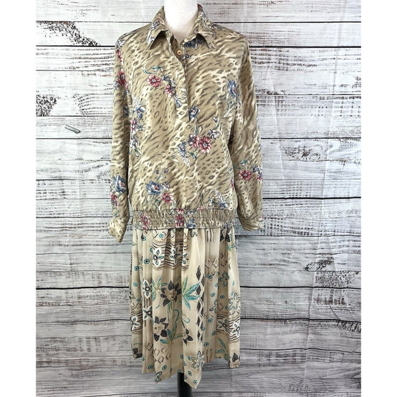 Alfred Dunner Mismatch 2pc Blouse Skirt Set size 8 Tan Floral Granny Core Modest - Picture 1 of 16
